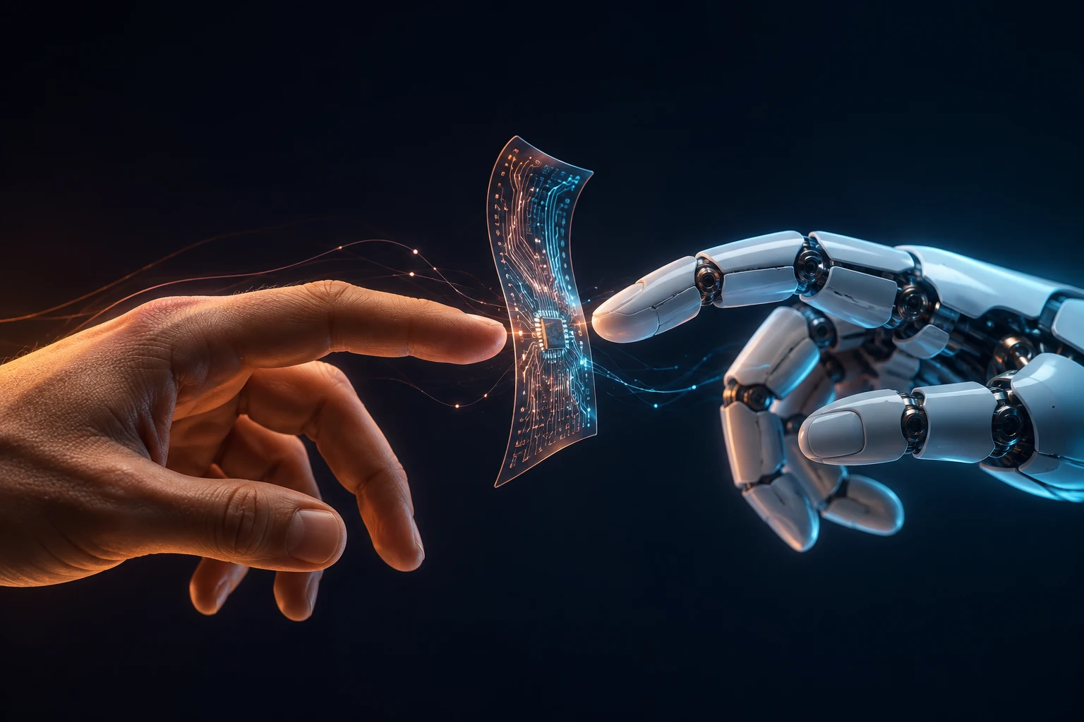 Human and robotic hands meeting across a flexible printed electronic film. AI-generated research concept, not an experimental photograph.