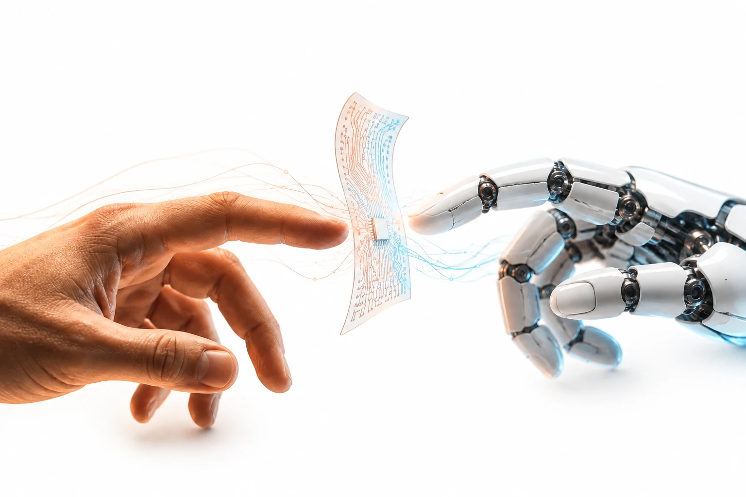 Human and robotic hands meeting across a flexible printed electronic film. AI-generated research concept, not an experimental photograph.