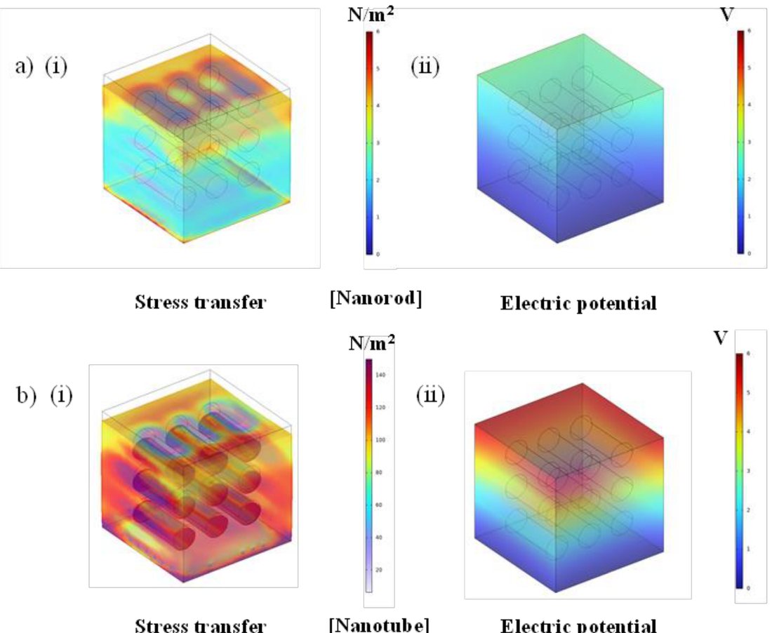 COMSOL maps of stress transfer and electric potential in PVDF composites with g-C3N4 nanorods and nanotubes